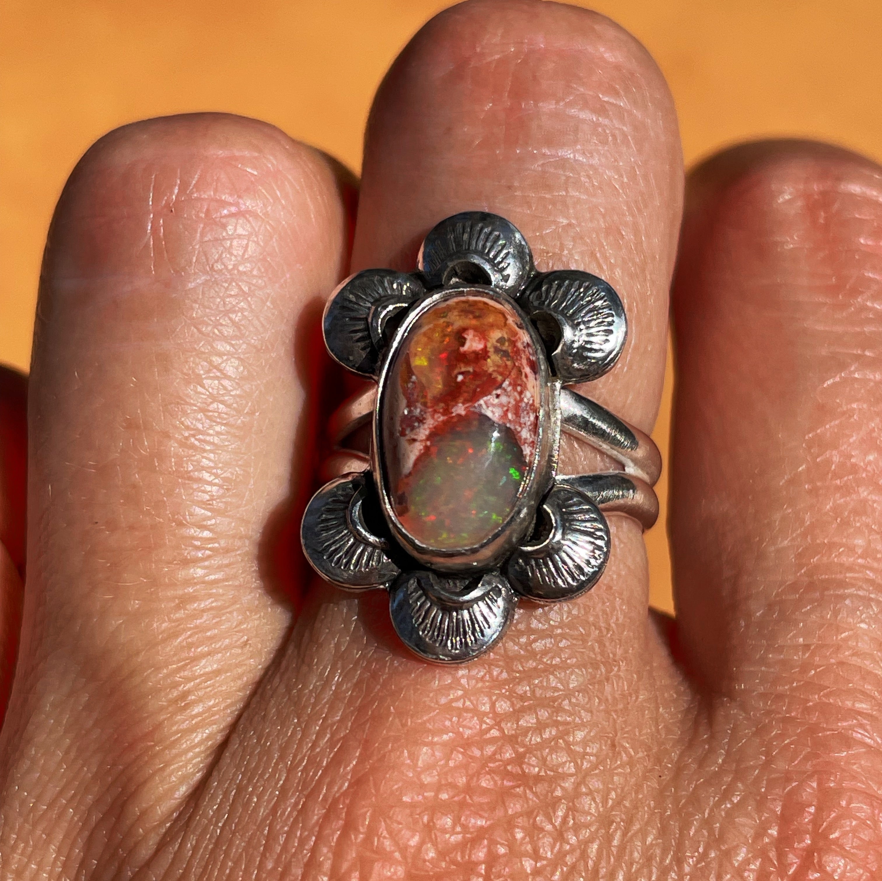 Summer Sunset Fire Opal Ring with Stamped Details - Size 7