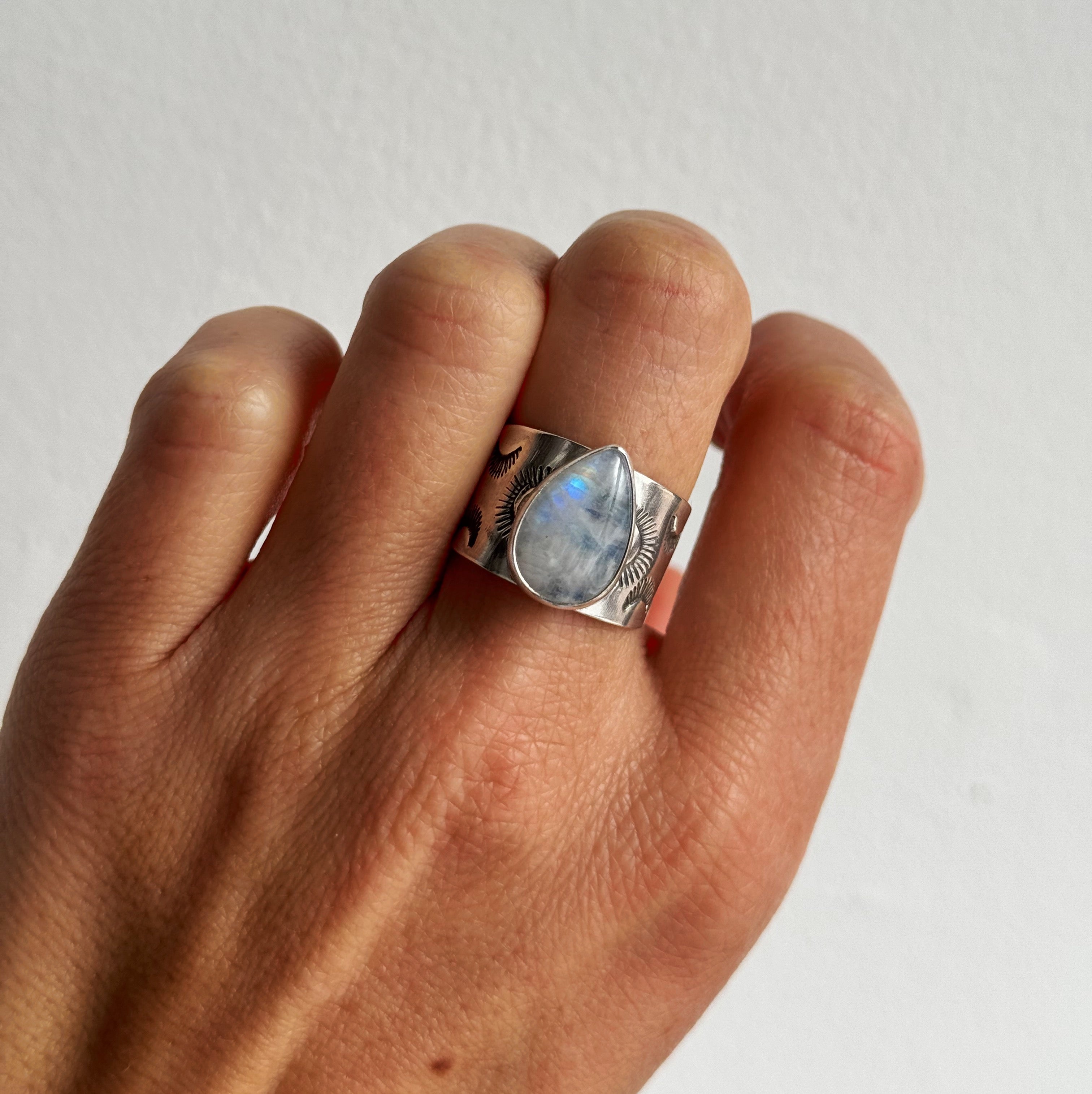 Moonstone Stamped Wide Band Ring - Size 7.5