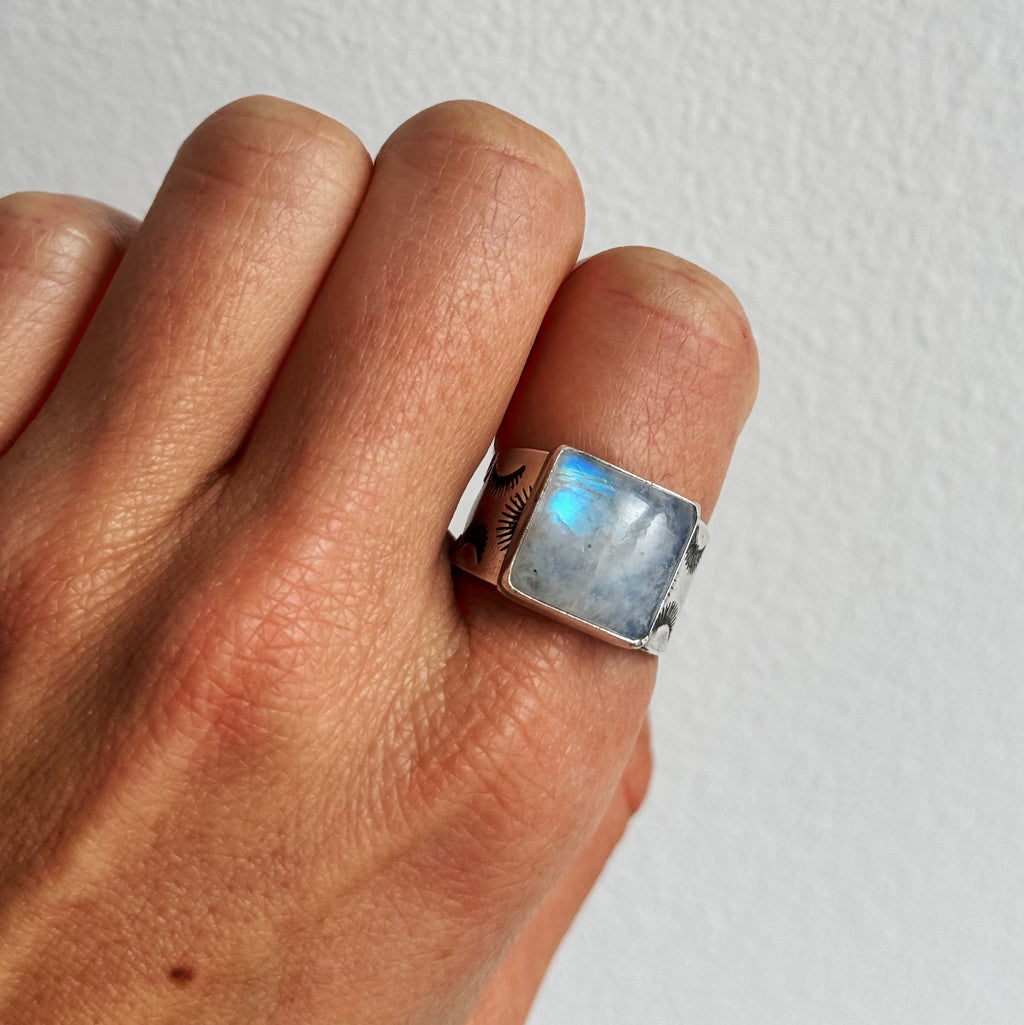 Moonstone Stamped Wide Band Ring - Size 9