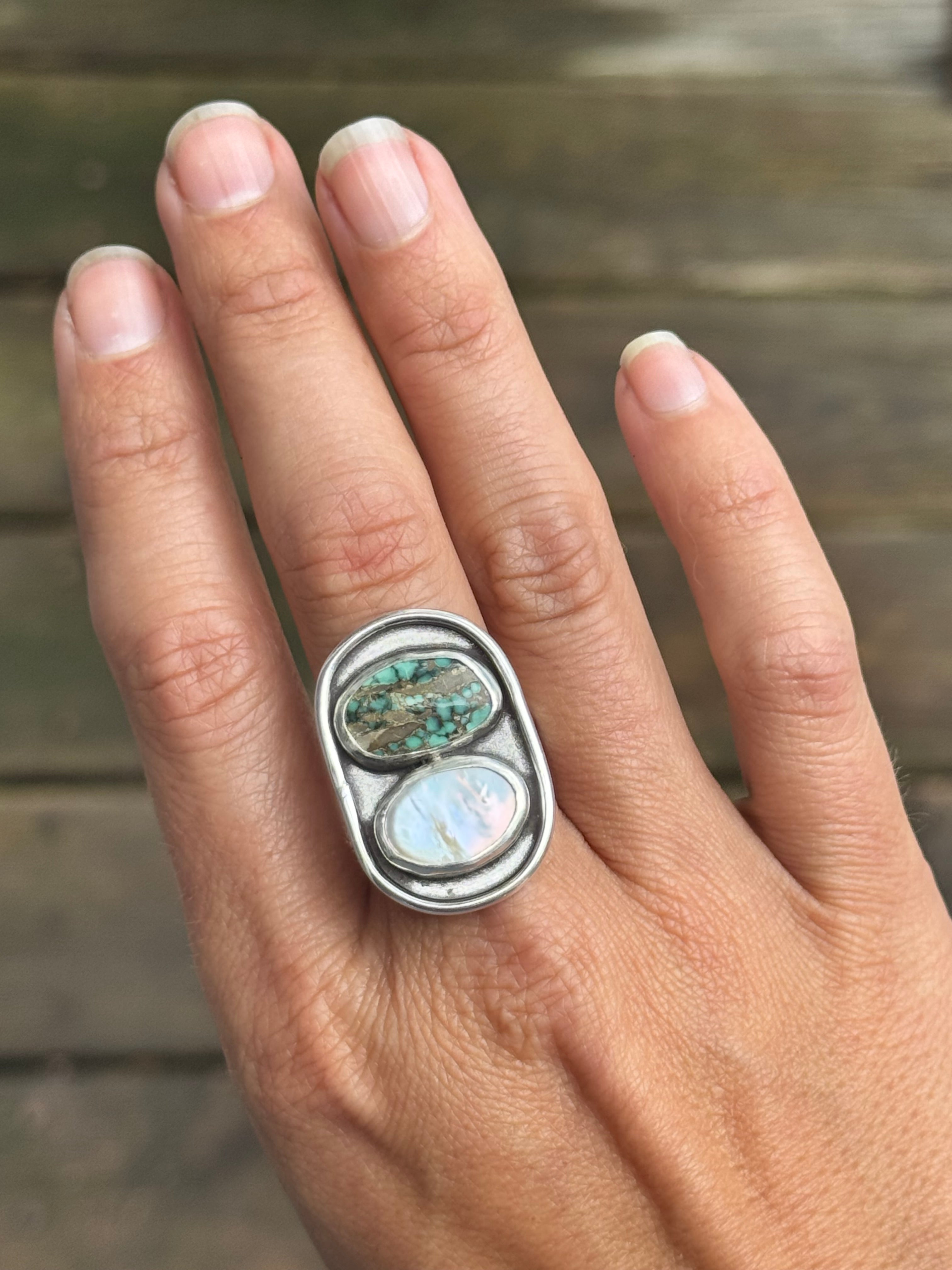 Pearl and Peacock Turquoise Shadowbox Ring - Size 8