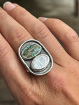 Pearl and Peacock Turquoise Shadowbox Ring - Size 8