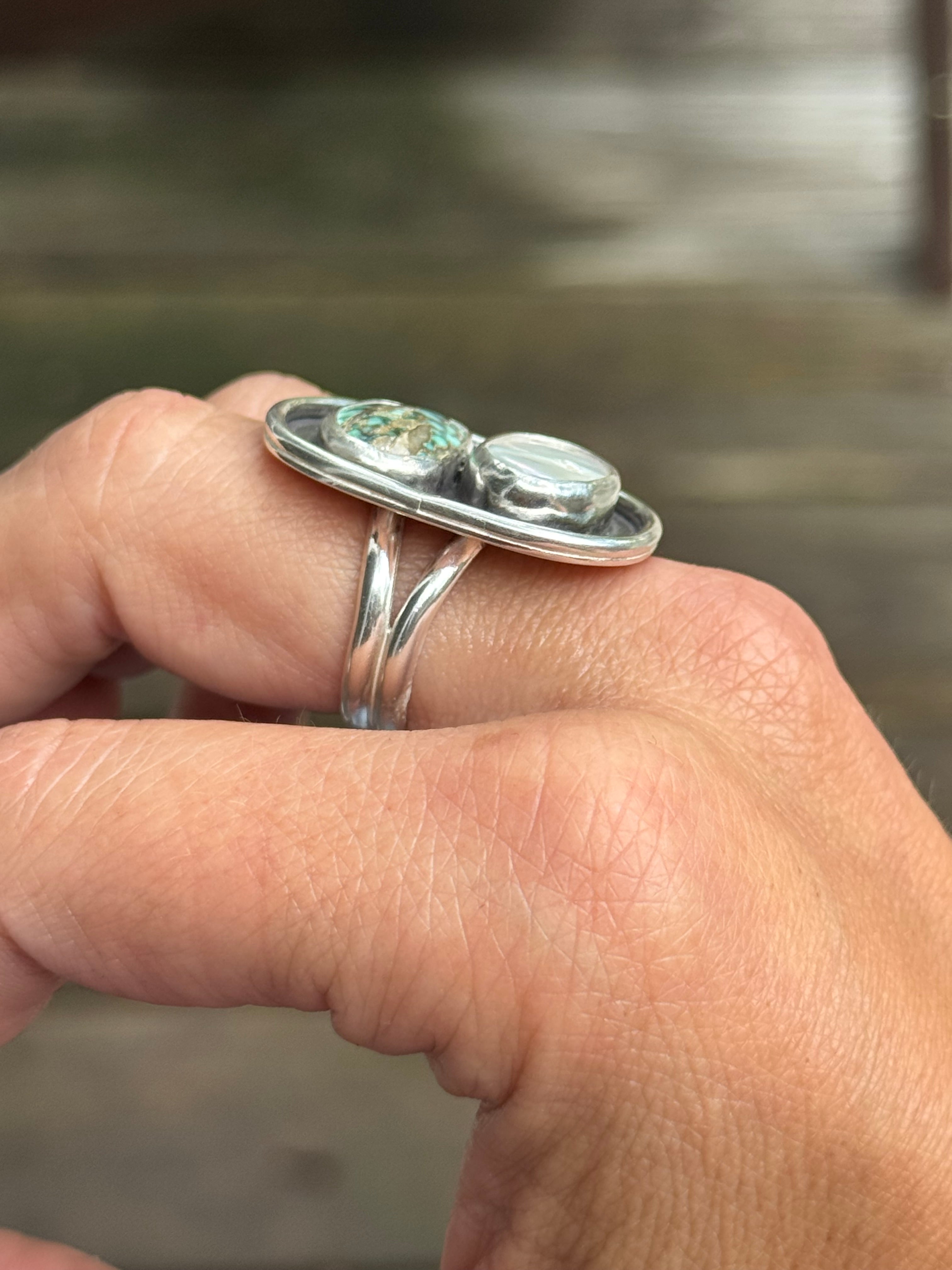Pearl and Peacock Turquoise Shadowbox Ring - Size 8