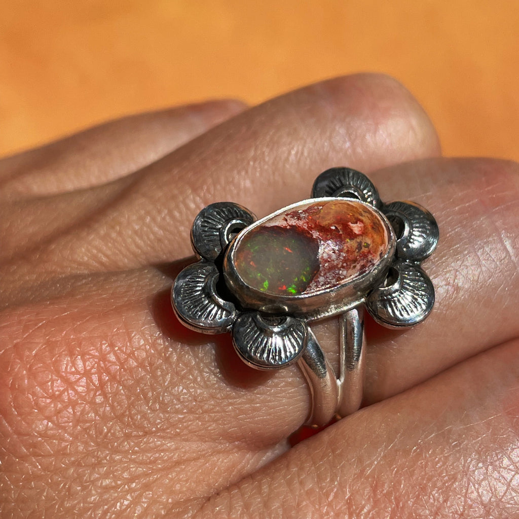 Summer Sunset Fire Opal Ring with Stamped Details - Size 7