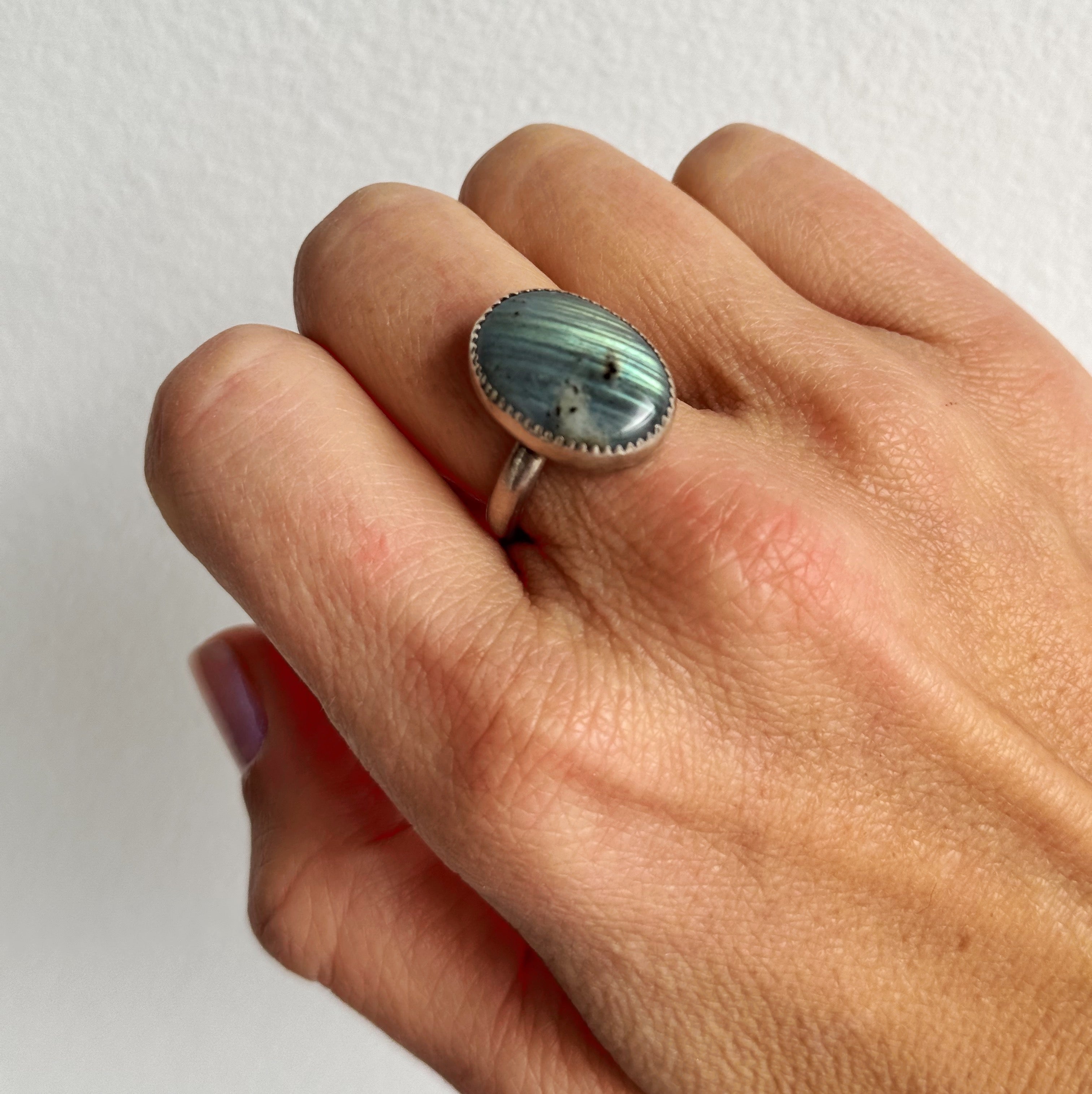 Simple Silver Labradorite Ring- Size 7.5