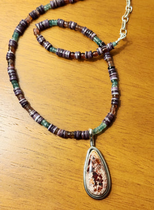 Fire Opal and Wampum Quahog Shell Necklace