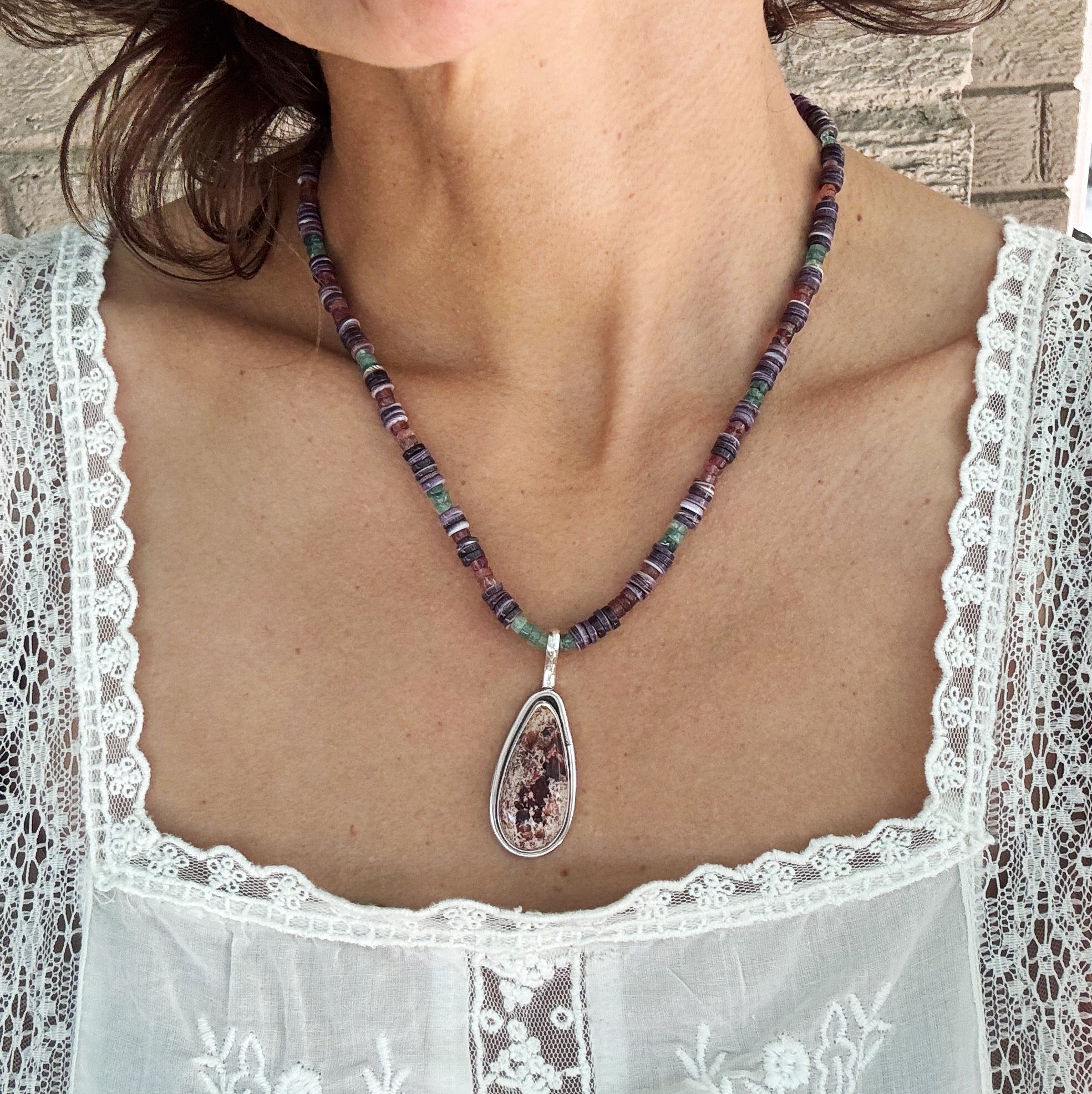 Fire Opal and Wampum Quahog Shell Necklace