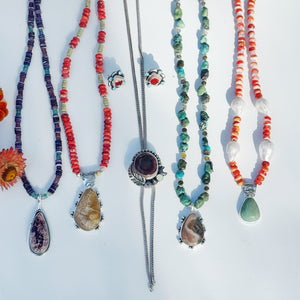 Fire Opal and Wampum Quahog Shell Necklace