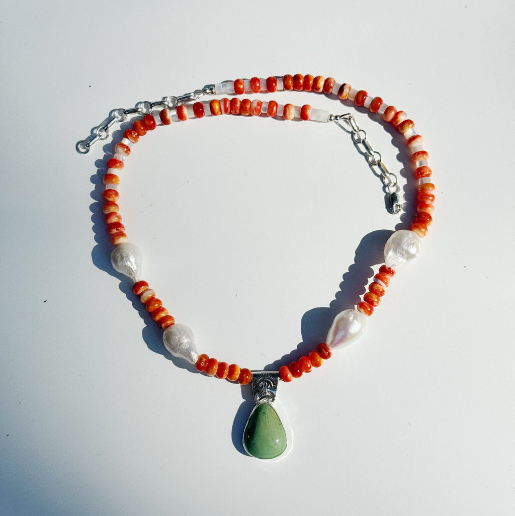 Turquoise and Spiny Oyster Beaded Necklace
