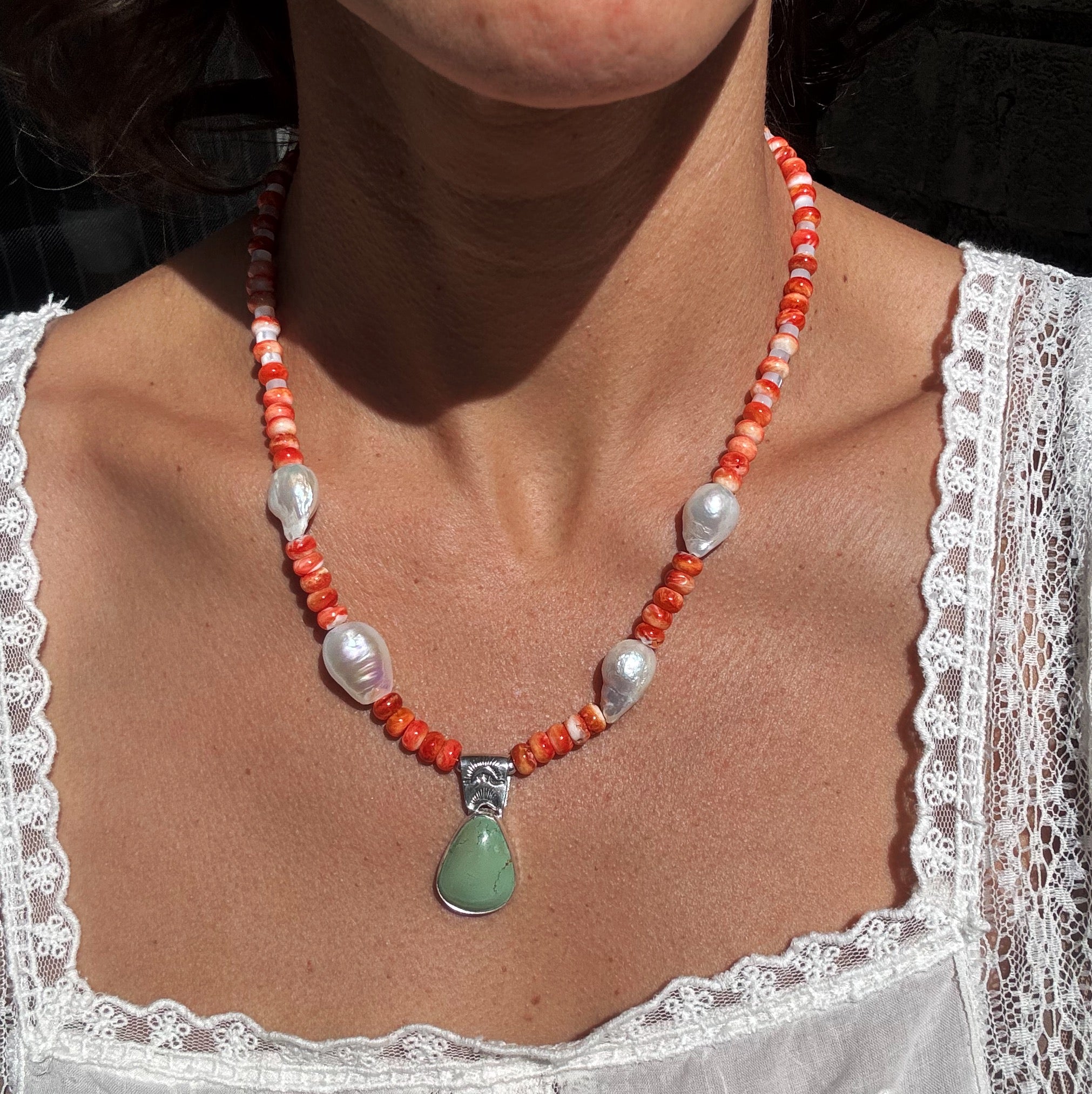 Turquoise and Spiny Oyster Beaded Necklace