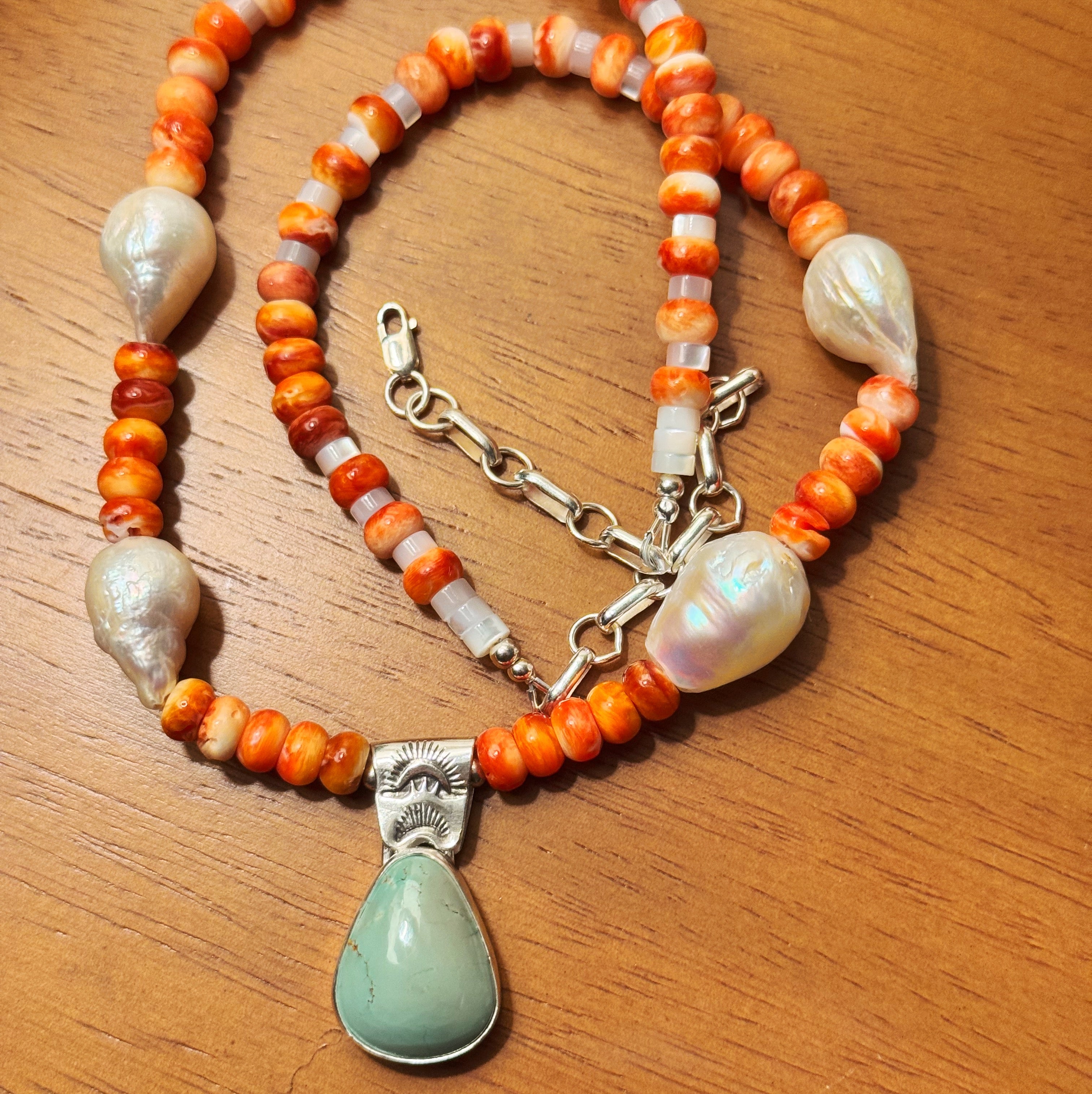 Turquoise and Spiny Oyster Beaded Necklace