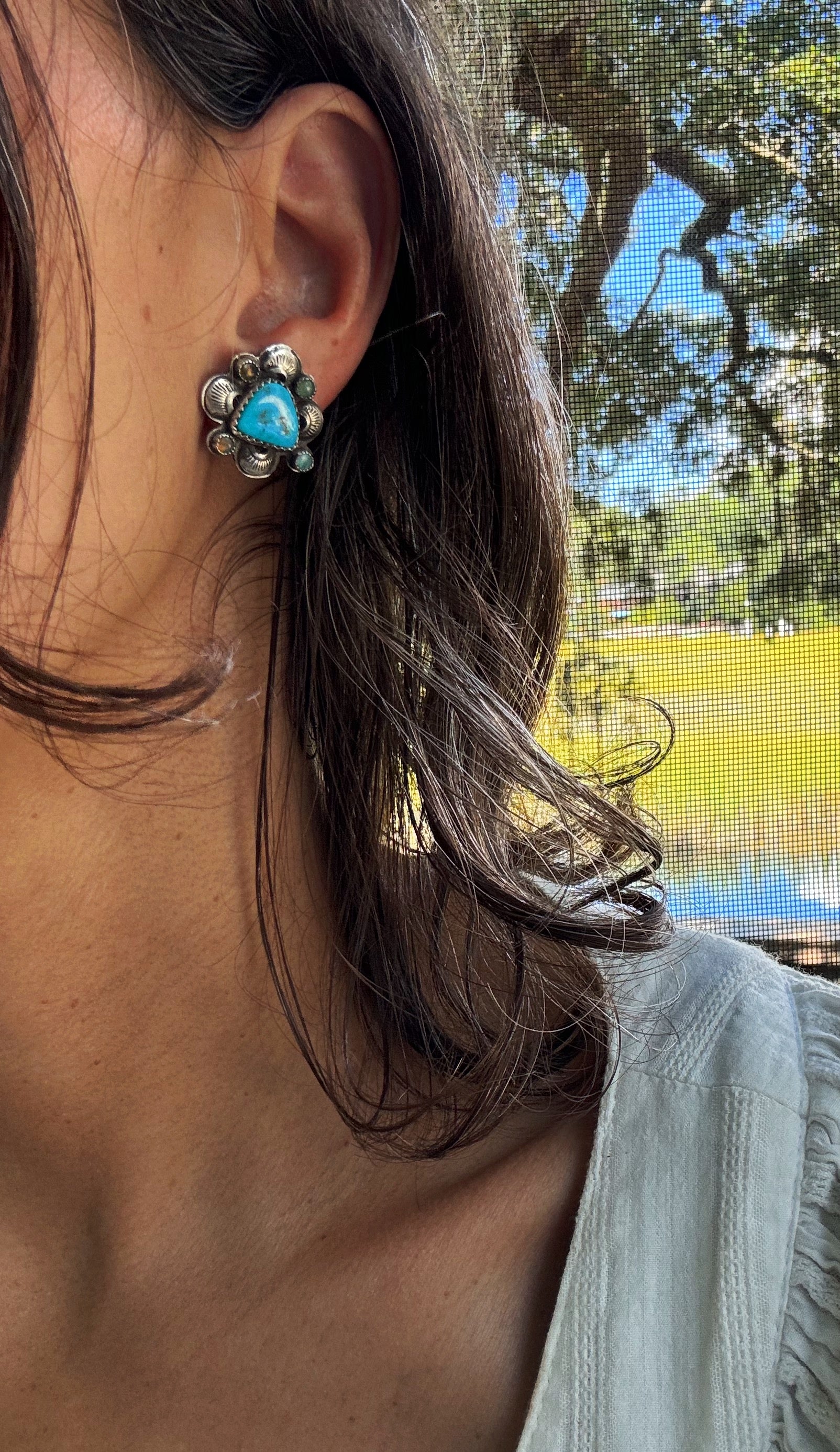 Turquoise and Opal Stamped Floret Studs <>